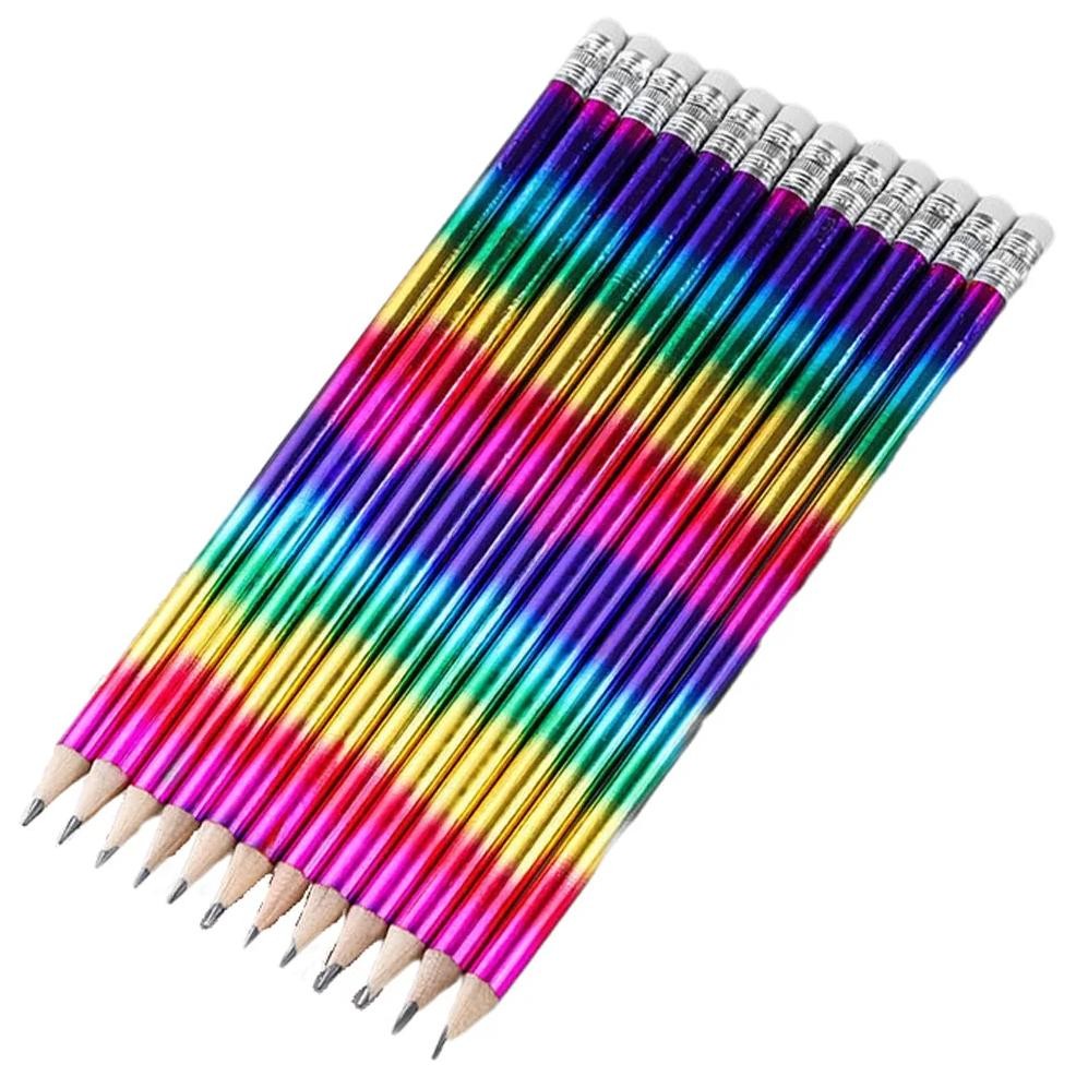 

12Pcs Kawaii Rainbow Wooden Pencil With Eraser Gift Pencil Sharpener Kids Hb Pencils Sketch Drawing School Stationery Supplies