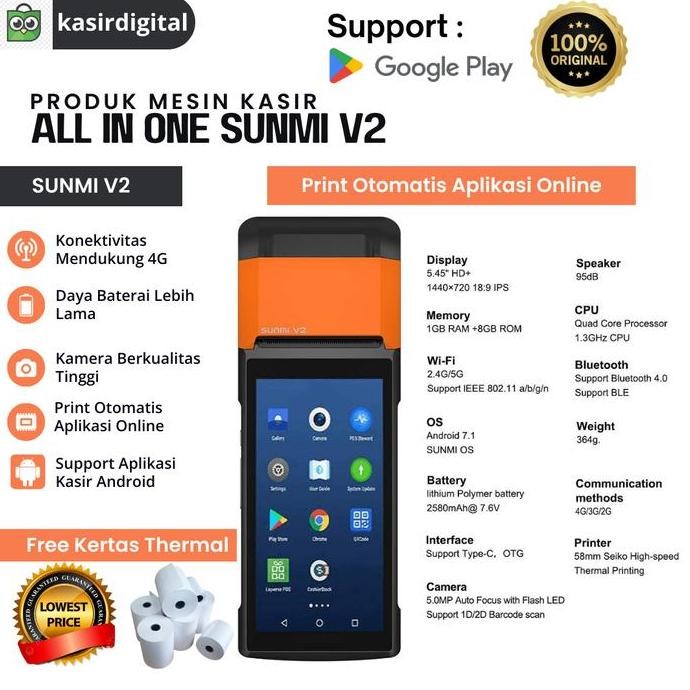 Premium Mesin Kasir Sunmi MPOS Android Portable V2 4G 1/8GB Second