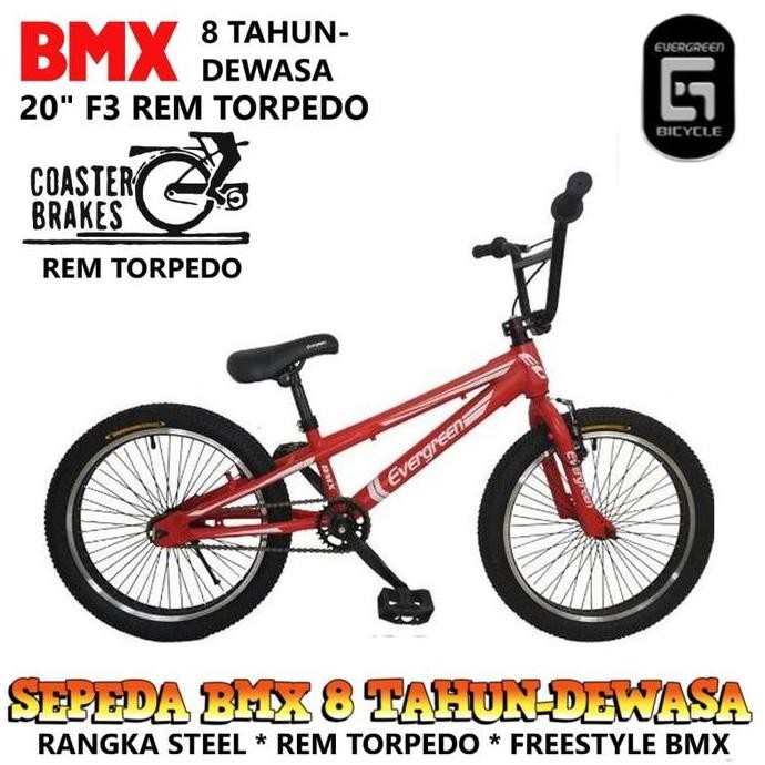SEPEDA BMX EVERGREEN F3 10 FREESTYLE 20 INCI HI-TEN STEEL OPC REM TORPEDO ORIGINAL DAN TERPERCAYA
