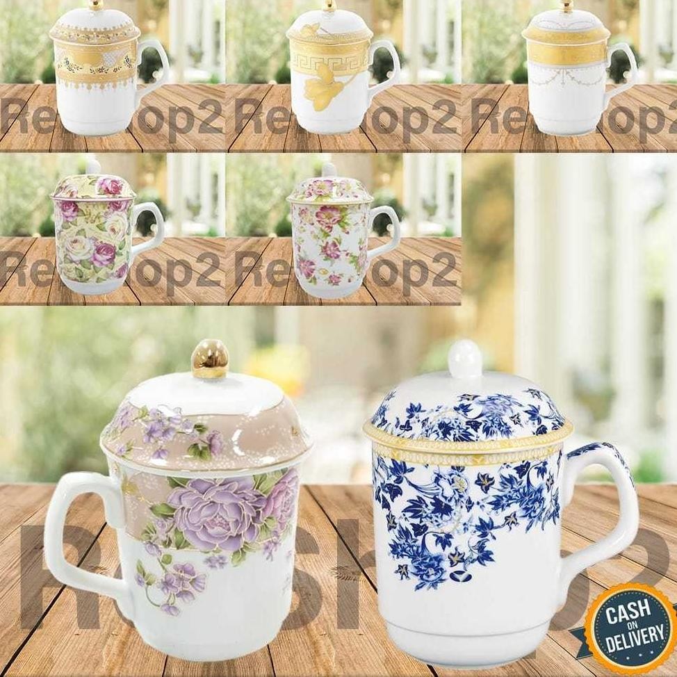 Terlaris Mug Cangkir Keramik dengan Tutup Aneka Motif Vicenza / Cangkir Kopi Bahan Keramik Terbaru
