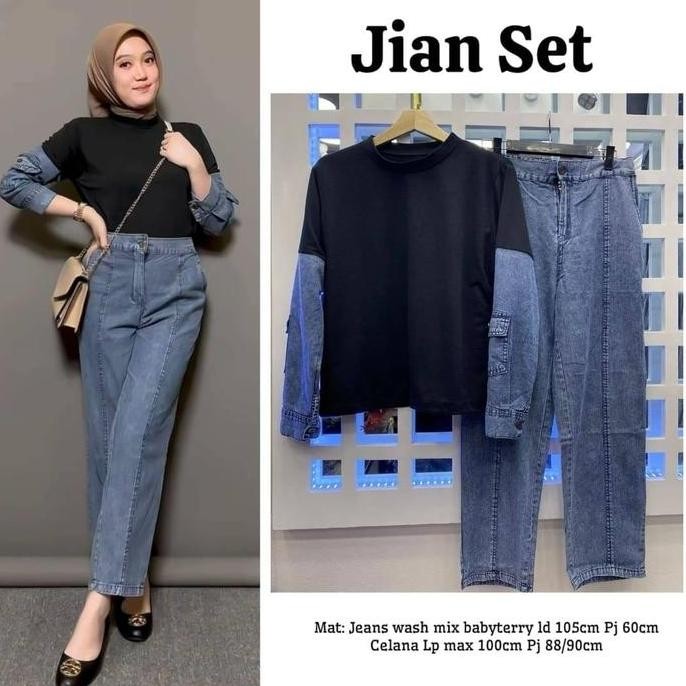 BAJU SETELAN WANITA MUSLIM JIAN SET CELANA JEANS POLOS CANTIK FASHION PEREMPUAN DEWASA REMAJA CEWEK 