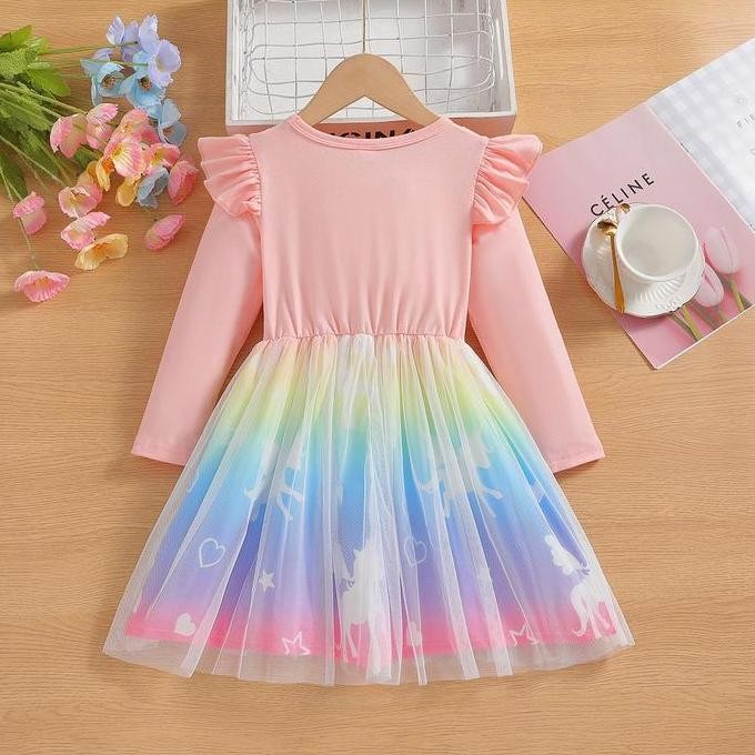 1-7 Tahun Gaun Gadis Unicorn Pakaian Anak Lengan Panjang Tetap Hangat Musim Semi Bayi Cotton Promo