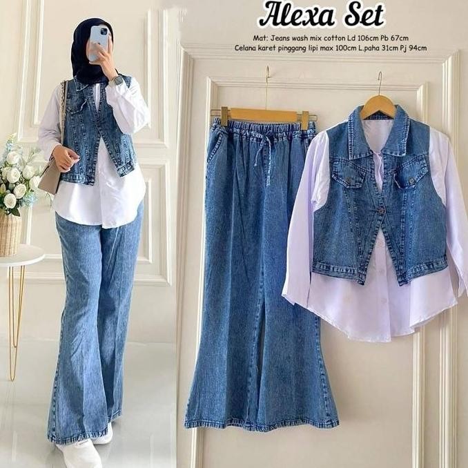 ALEXA SET CELANA JEANS POLOS ATASAN CANTIK BAJU SETELAN WANITA MUSLIM FASHION PEREMPUAN DEWASA REMAJ