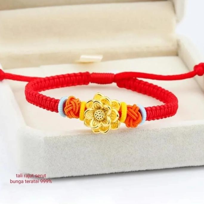 NEW gelang serut tali cina charm bunga teratai mawar variasi emas 24k 999