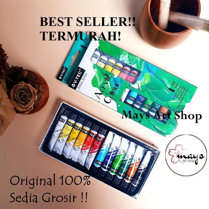 

ready !!! Cat Akrilik Set 18 Warna V-Tec / Cat Lukis Kanvas - Acrylic Paint Color V Tec 6ml / Acrilic Colour 18x6 ml - 12 x 6 ml Vtec