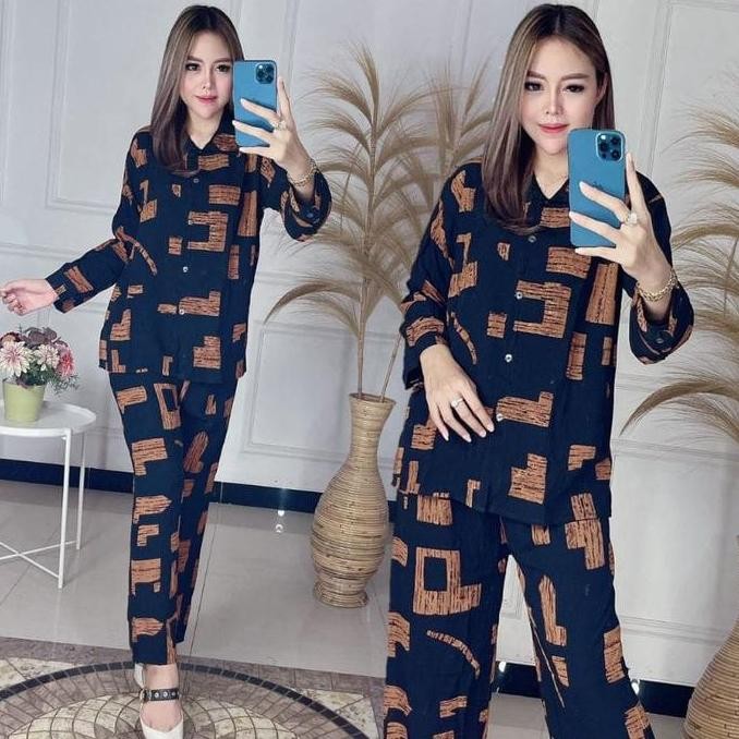 SETELAN WANITA LENGAN PANJANG - ONE SET TIE DYE - SETELAN PIYAMA MOTIF URAT KAYU - ONE SET RAYON