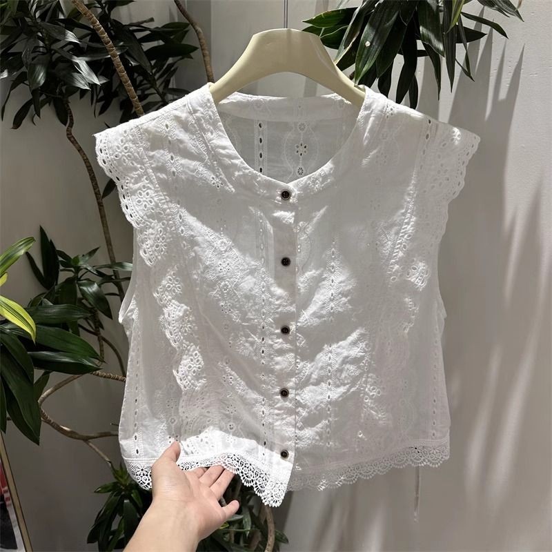 [Saror]Blus Renda untuk Wanita dengan Lengan Kecil Bergetar, Kemeja Putih, Atasan Gaya Baru