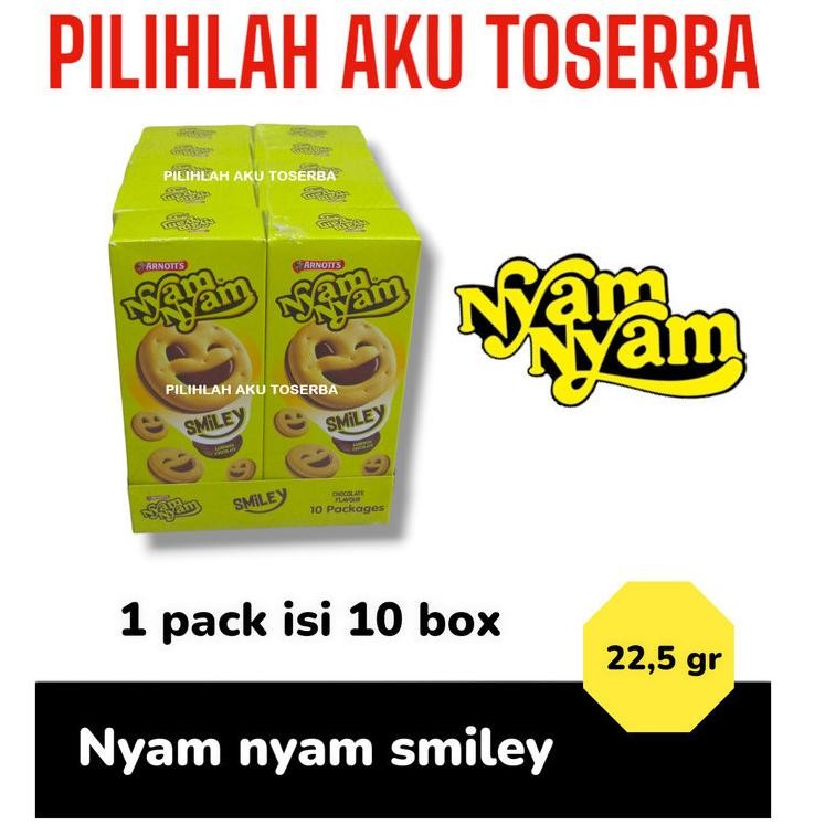 

PJ Arnott's Nyam Nyam SMILEY MINI PACK Biskuit Cream Cokelat - ( HARGA PER 10 BOX )