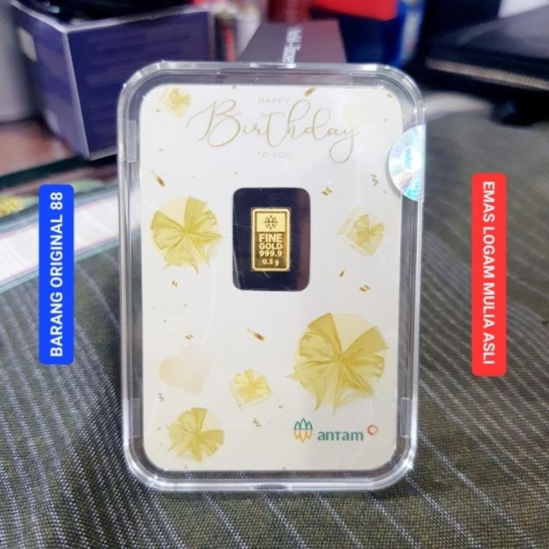 KADO HADIAH ULANG TAHUN 0.5 GRAM BALON GOLD UCAPAN HAPPY BIRTHDAY EMAS ANTAM 0,5 GR HARTADINATA GIFT