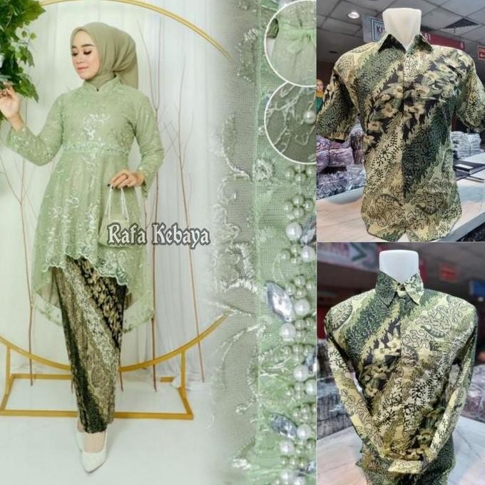 Tersedia Set Kebaya Couple Tunik  Payet/ Couple Kebaya Tunik Sage Green Baju Batik Seragam Kebaya De