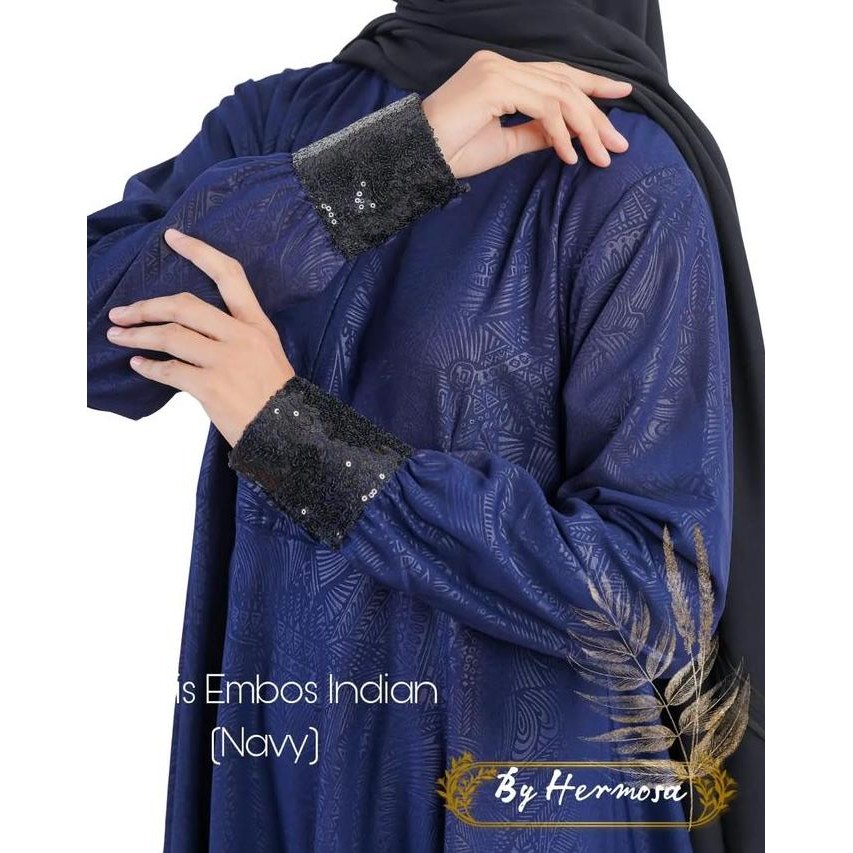 Tersedia [Gamis Hermosa] Gamis hermosa embos motif Indian navy-gamis biru dongker-gamis motif embos 