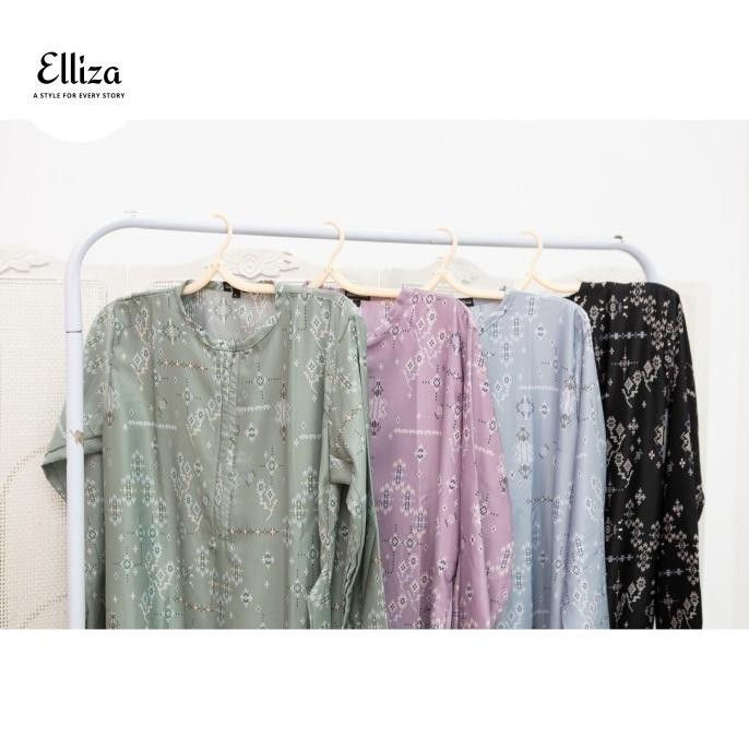 (Expert) Elliza Official - Aghnia Dress Gamis Silk Print Blue Lilac Busui S-XL