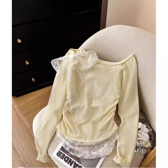 Chanel Style Lace Tie Off-Shoulder Long Sleeve T Women's T-shirt