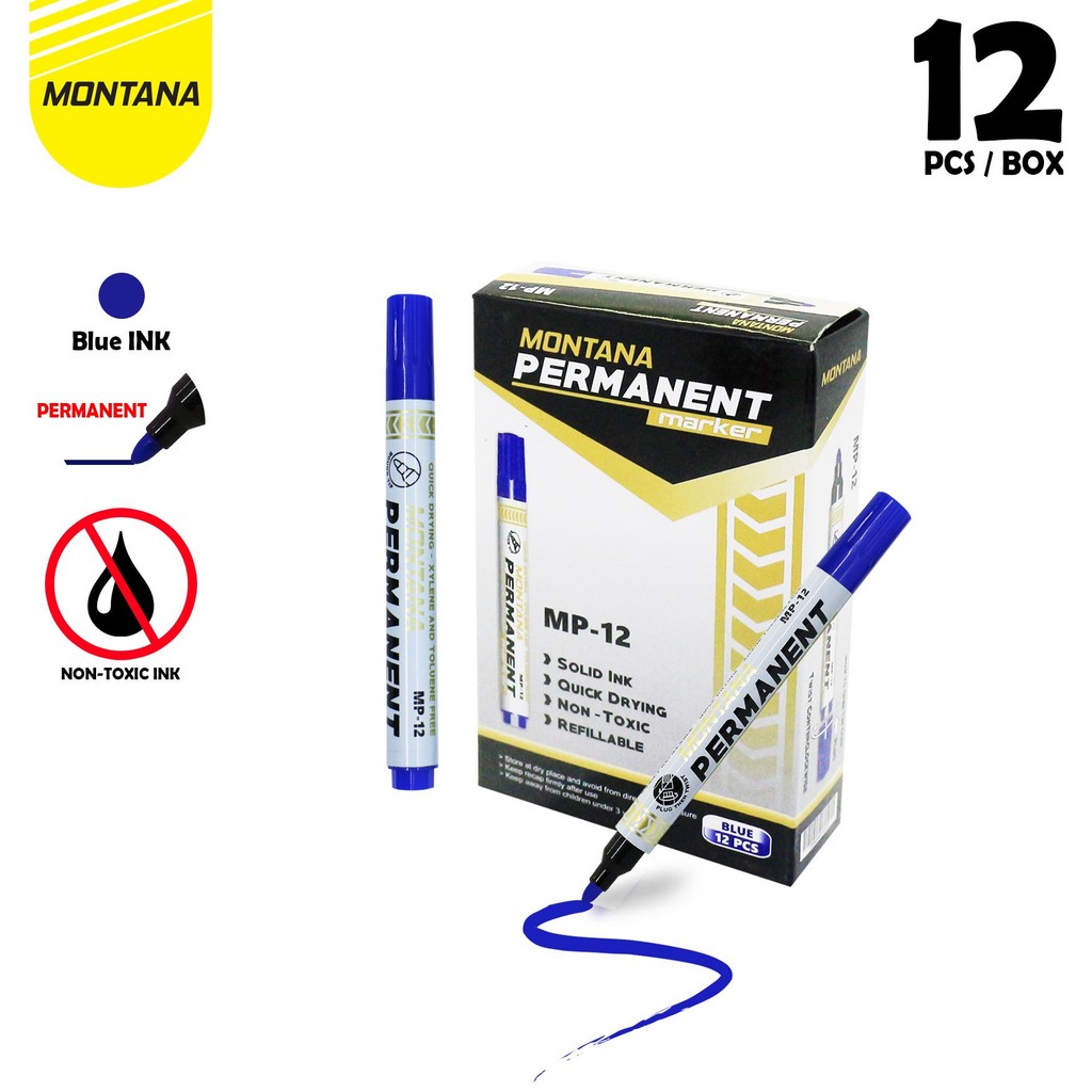 

MONTANA SPIDOL PERMANEN ROUND TIP 12 PCS QUICK DRY PERMANENT MARKER MP-12/LUSIN HITAM