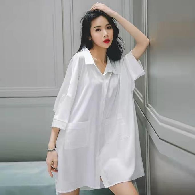 Piyama Baju Tidur Putih Kemeja Dress Panjang Sexy Bahan Chiffon Ready