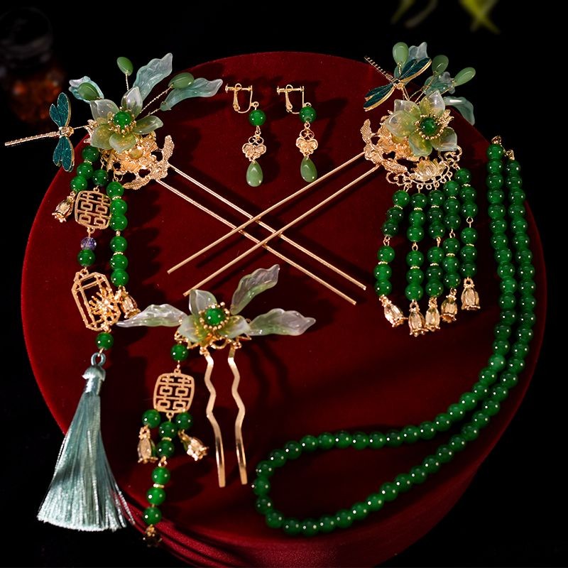 Green Bride Chinese Style Elegant Hanfu Wedding Hairpin Dragon and Phoenix Cheongsam Jade Hairpin We