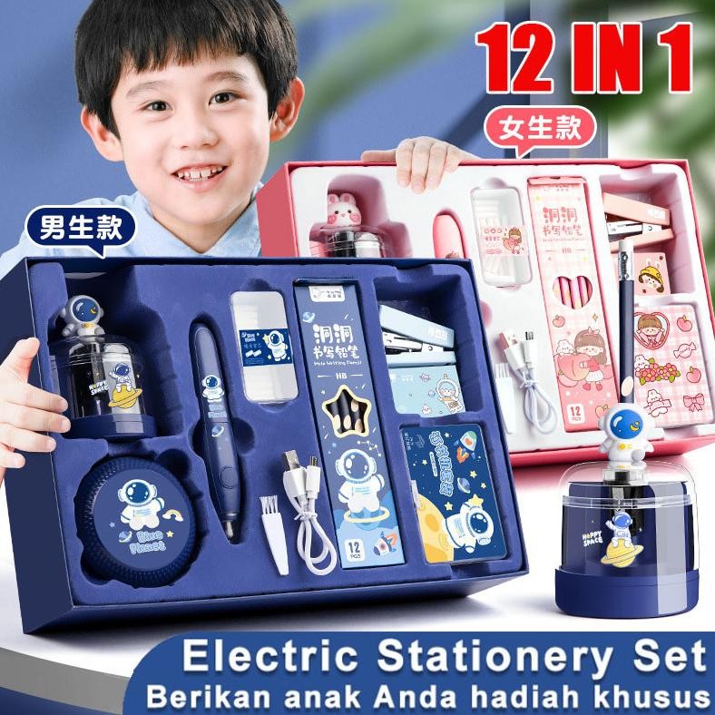 

Electric Stationery Set / Set Alat Tulis Elektrik Rautan Penghapus Vacuum Pensil 12 In 1