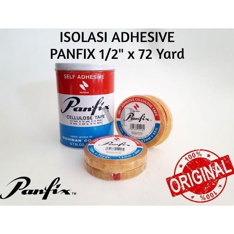 

Selotip / isolasi Panfix 1/2 Inch x 72 Yard 1 Kaleng ( 12 Rol ) AST