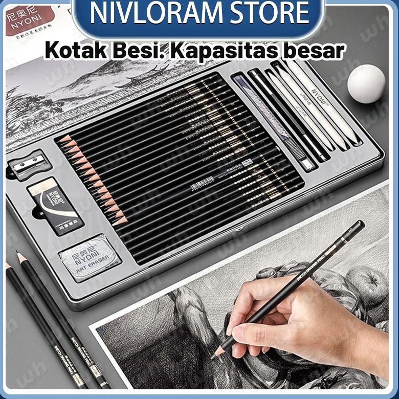 

NYONI Sketch drawing pencil / pensil grafit charcoal arang 29 pcs set tin case