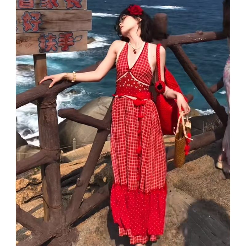 Dress Halter Leher Kotak Wanita Kerajinan Berat Pelangsing a Rok Panjang/Dres