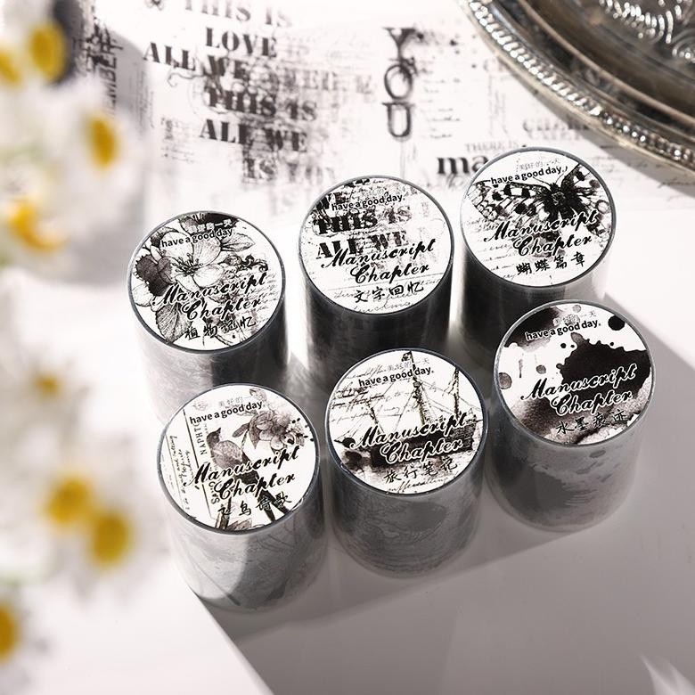 

(2CD) washi tape selotip transparan motif ink spot burung kapal ship bird monokrom black white journaling AST