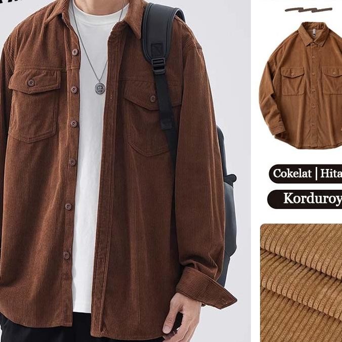 Kemeja Corduroy Retro Long Sleeve Outer Shirt Casual Oversize Kemeja Casual Kasual Kemeja Corduroy B