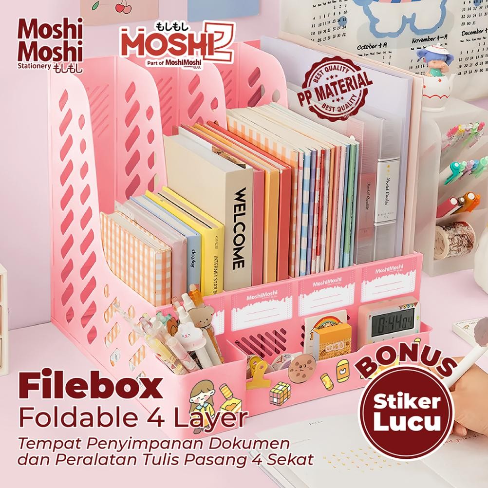 

File Box Foldable 4 Layer Organizer Book Storage Tempat Penyimpanan Dokumen Lipat Sekat Stiker Lucu AST