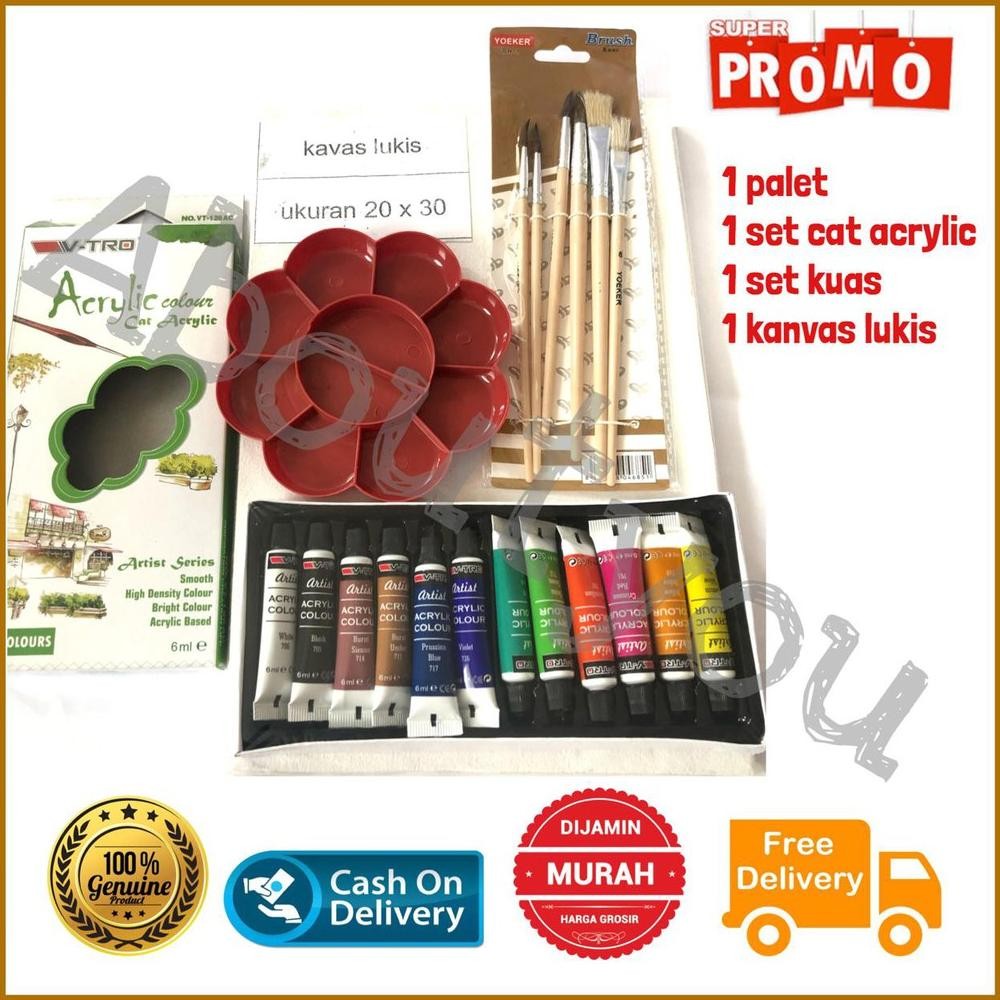 

PAKET LUKIS KOMPLIT 4 in 1 KANVAS Besar Cat Akrilik Palet Kuas Set Melukis Lengkap AST