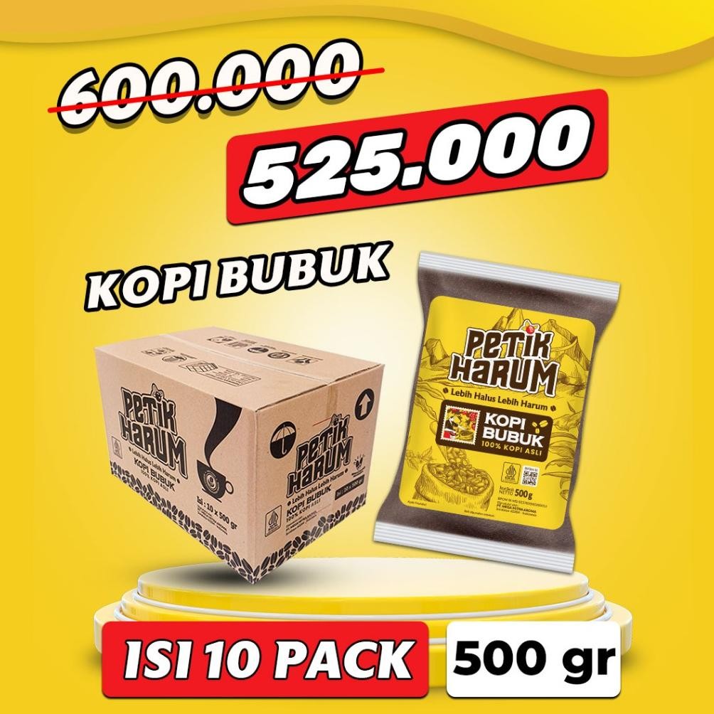 

Paling dicari Petik Harum Kopi Tubruk Bubuk Halus 1 KARTON / 500 GR 10 PCS / 250 GR 20 PCS