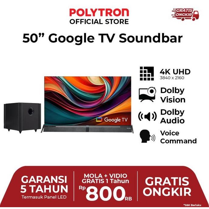Big Sale- Polytron 4K Uhd Smart Cinemax Soundbar  Google Tv 50 Inch Pld 50Bug5058