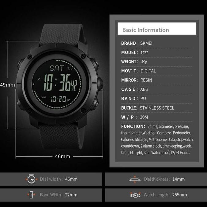 Tersedia Jam Tangan Pria SKMEI 1427 Digital Sporty Pedometer Calorie Compass Kaca Stainless Stopwatc