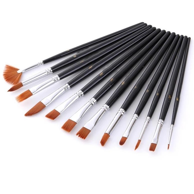 

12 x Nylon Hair Paint Brush Set Artist Watercolor Acrylic Oil Painting Supplies (Black) AST