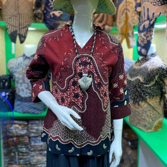 Terlaris- Blouse Batik Wanita Model Kancing Depan Merah Maroon Katun Formal Lembut Cantik