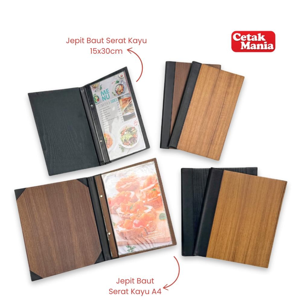 

Cetak Mania - Buku Menu Kayu Vinyl Jepit Baut Isi Plastik Mika A4 dan 15x30 Coklat Muda, Coklat Tua, Hitam - Cafe, Coffee Shop, Restoran, Hotel AST