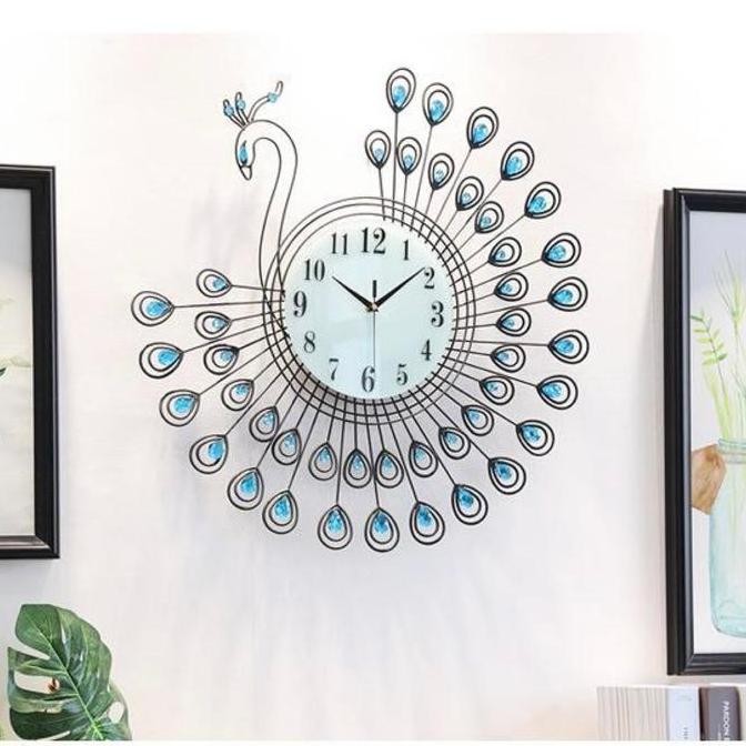Tersedia Jam Dinding 3D Diamond Peacock 53x53cm Metal Luxury Wall Clock, Dekorasi Living Room Mewah
