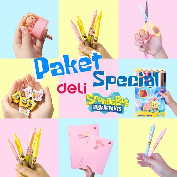

[Special Package Spongebob] Deli Stationery Package Rautan/Pensil Warna/Gunting/Penghapus/Gelpen Iconic/Binder A5 Alat Biru Co
