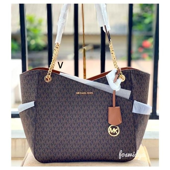 Tersedia Tas MK Jet Set Travel Large Chain Shoulder Tote Signature Brown NWT