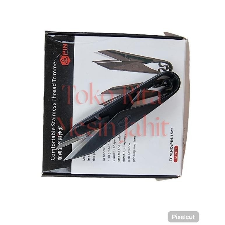

Satu lusin isi 12 pcs gunting buang benang merk PIN-1522, gagang plastik hitam