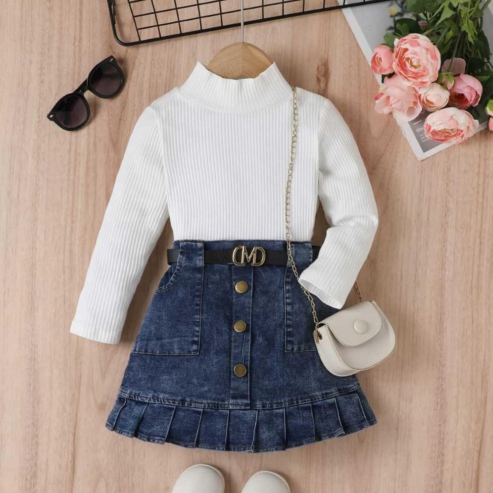 GRANDE GIRL SET Setelan Anak Perempuan Baju Anak Import Impor Korean Style Rajut Knit Rok Jeans Keki