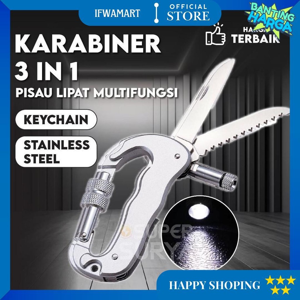 Karabiner Multifungsi 3In1 Gantungan Kunci Senter Carabiner Pisau Dapur Lipat Survival Tool Terlaris