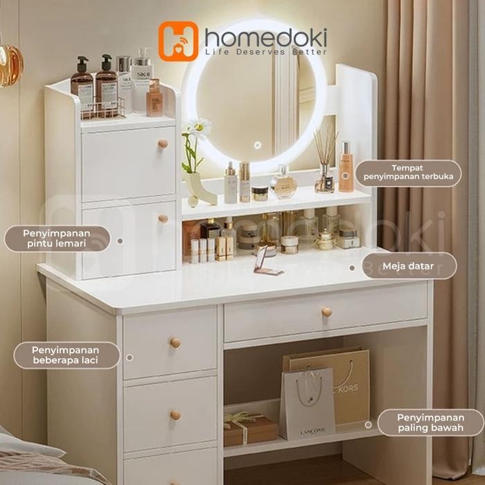 Homedoki Meja Rias Putih/Meja Rias Kecil/Meja Rias Minimalis/Meja Rias Lampu Led/Meja Rias Aesthetic