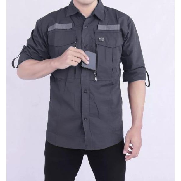 baru Kemeja Tactical Multi-Pocket Lengan Panjang Pria - Putih - Baju Kemeja Taktikal Outdoor Casual 