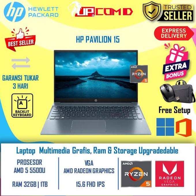 HP PAVILION 15 AMD RYZEN 5 5500U 16GB 1TB SSD RADEON 7 15.6" FHD IPS