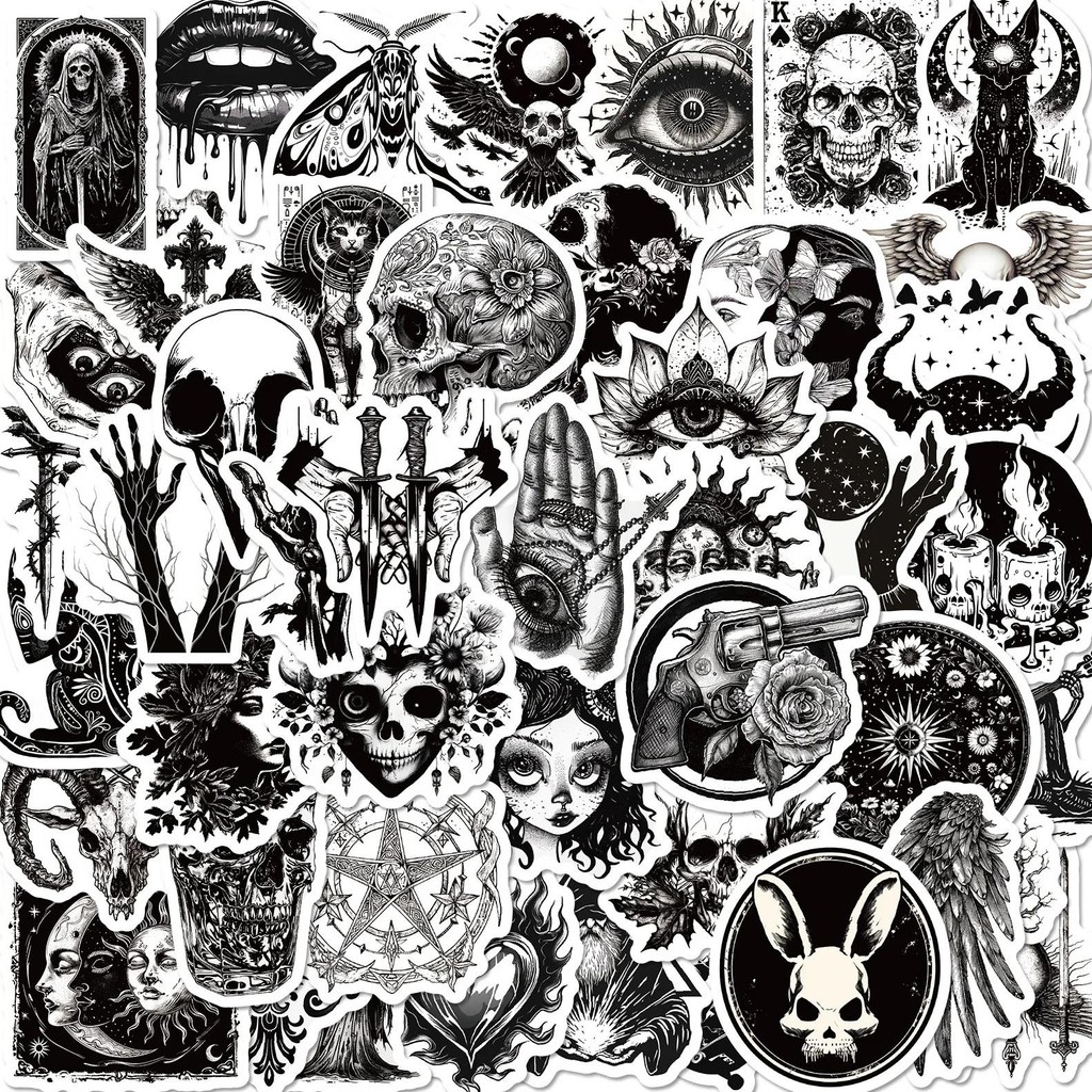 

10/25/50pcs Black White Punk Horror Stickers for DIY Phone Laptop Car Skateboard Guitar Suitcase Motorcycle Helmet Decal