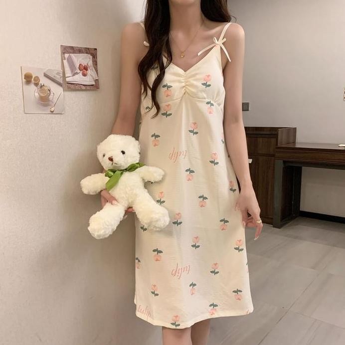 ready stock Yijae Dress Daster Tidur Aesthetic dengan Cup Bra Piyama Korea Wanita Import Tanpa Lenga
