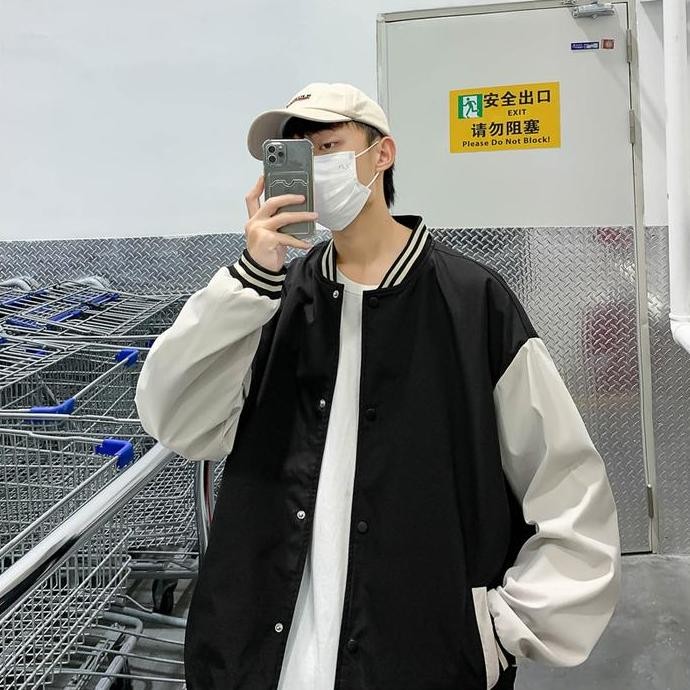 Sale Baseball Jacket Casual Korean Vintage Thin Style Unisex In Khaki And Grey Color - Jaket Khaki K