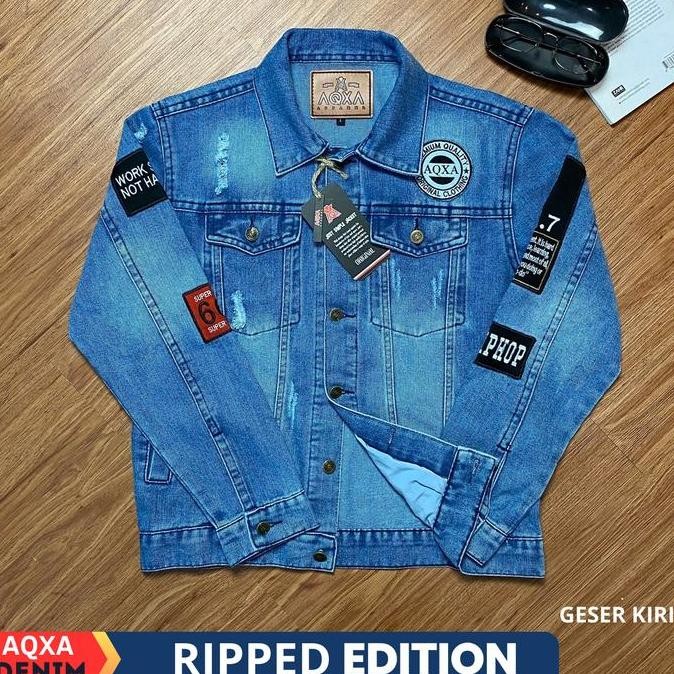 AQXA Jaket Jeans Denim Motif Sobek Bordir Hiphop Pria Tebal daps