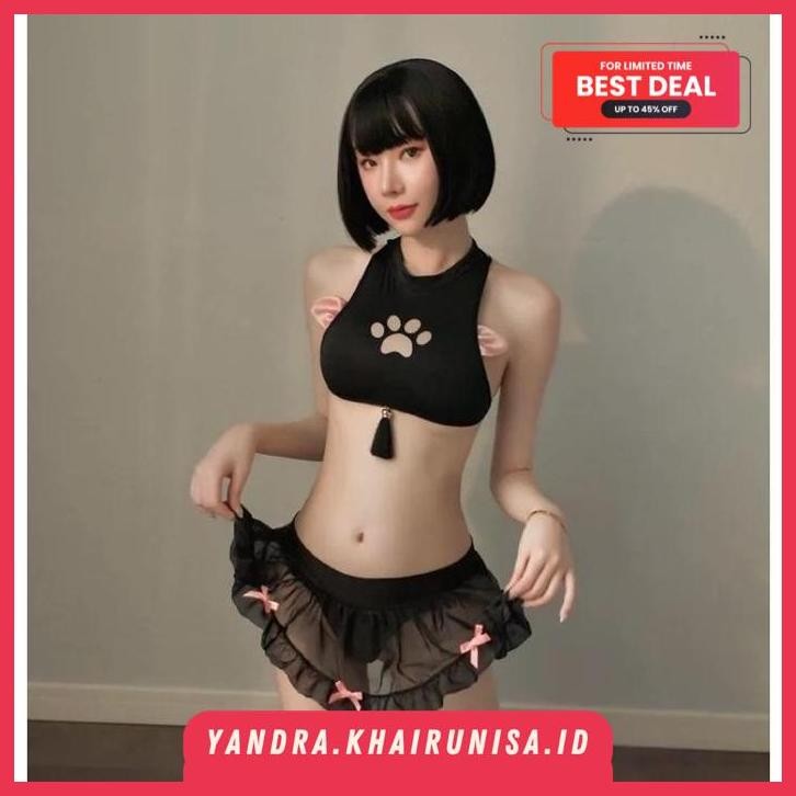 KITTY SET BRA TASSEL + ROK MINI RENDA TRANSPARAN LINGERIE CAT WOMAN BAJU DINAS COSTUME KUCING PAW WA
