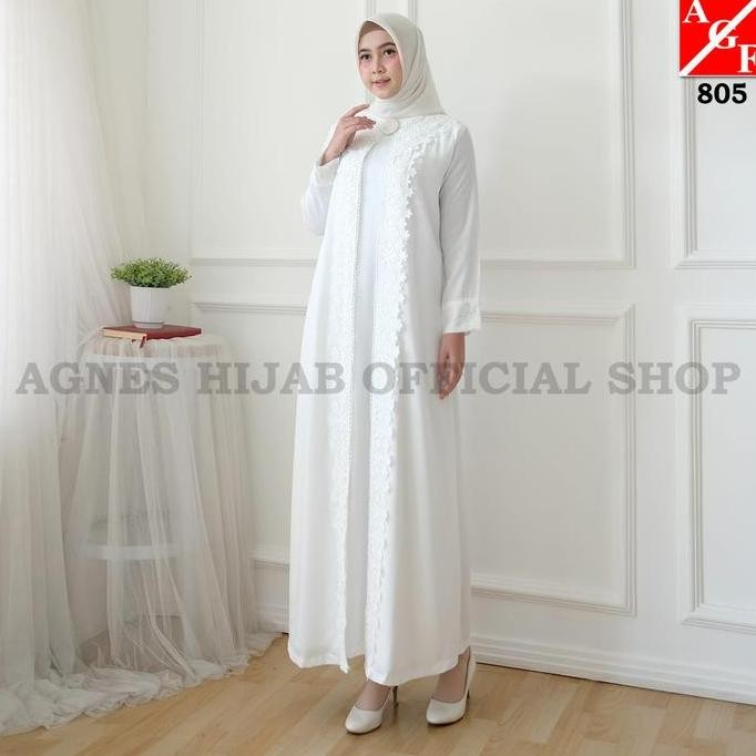 Agnes Hijab - Kamila Dress Gamis Putih Baju Lebaran 2024 Model Baru Elegan Renda Kombinasi Silk Abay