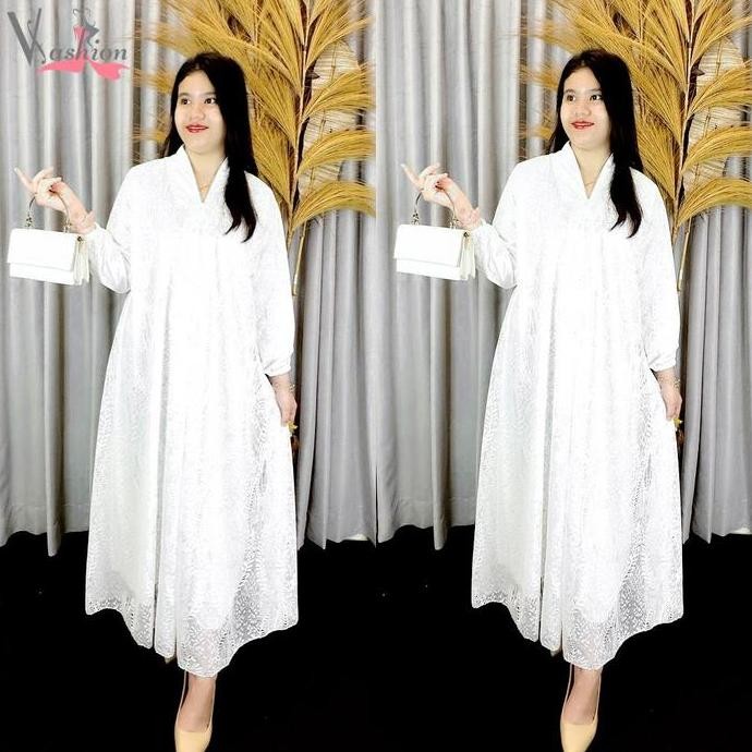 Gamis Brukat Tile Polos Putih Kartini A-Line Baju Muslim Vima 75385